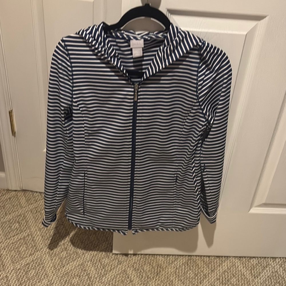 Striped Zip-Up Hoodie Jacket - Navy and White